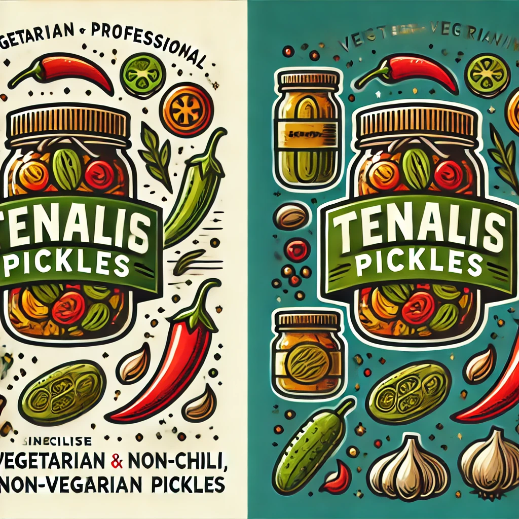 DALL·E 2024-12-07 20.52.54 - A vibrant and professional logo for a brand named 'Tenali Pickles' that specializes in both vegetarian and non-vegetarian pickles. The design includes
